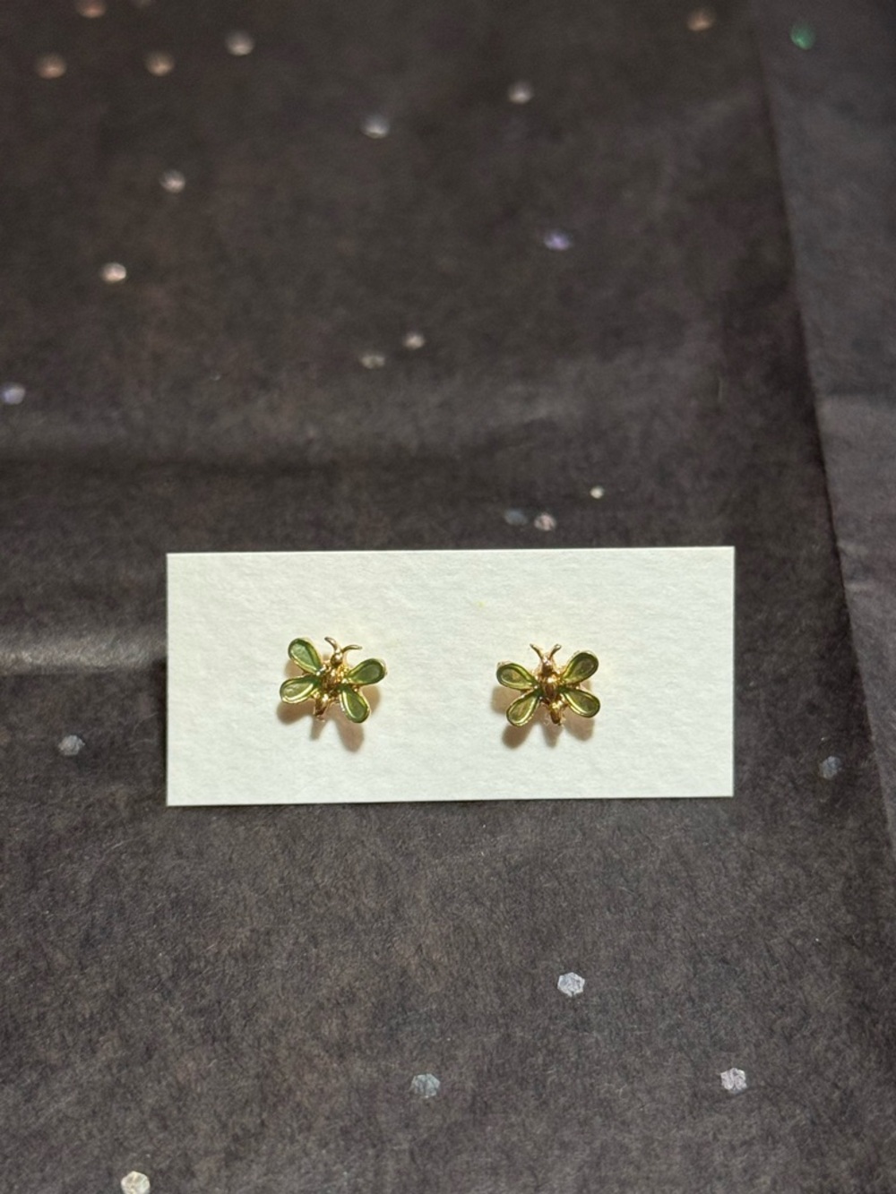 Green Enamel Butterfly Stud Earrings - Gold